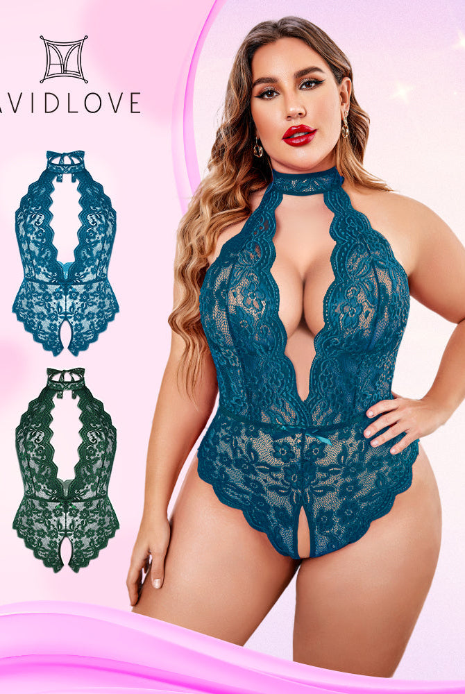 Teal Lace Plus Size Halter Teddy Lingerie by Avidlove. Backless & sexy. Shop now!