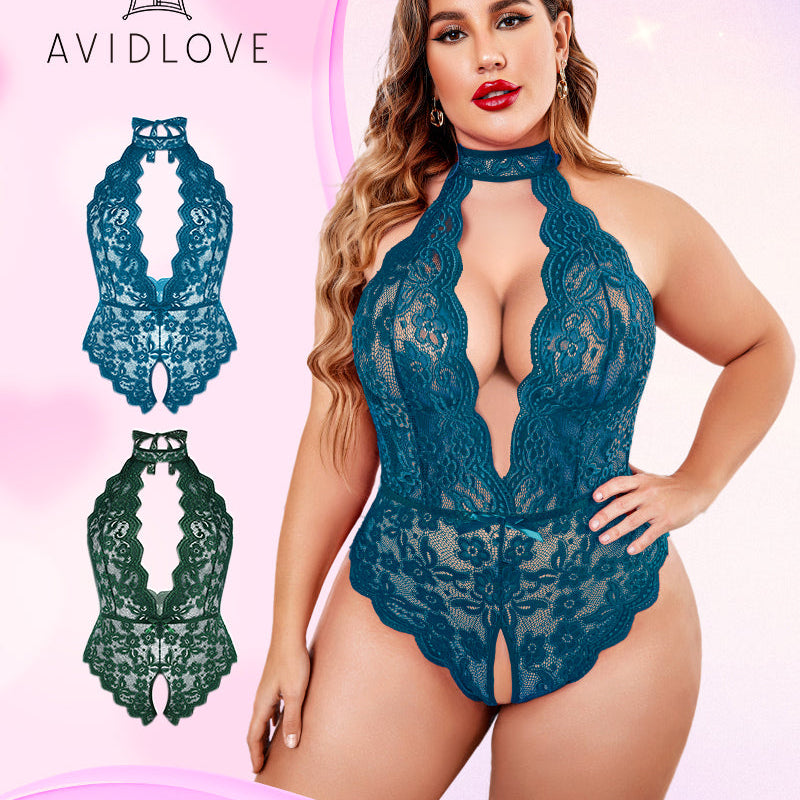 Teal Lace Plus Size Halter Teddy Lingerie by Avidlove. Backless & sexy. Shop now!