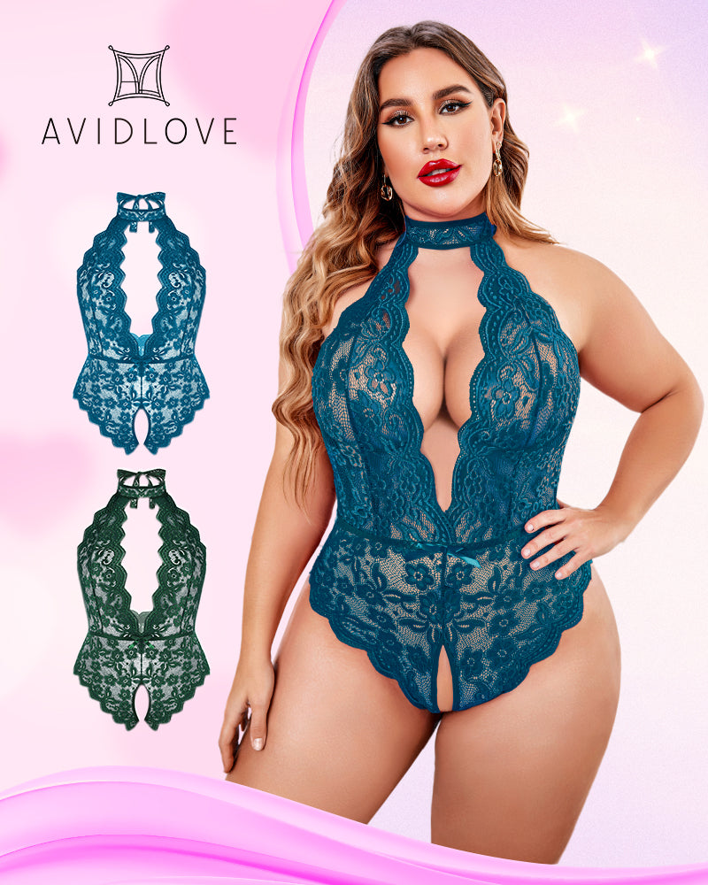 Teal Lace Plus Size Halter Teddy Lingerie by Avidlove. Backless & sexy. Shop now!