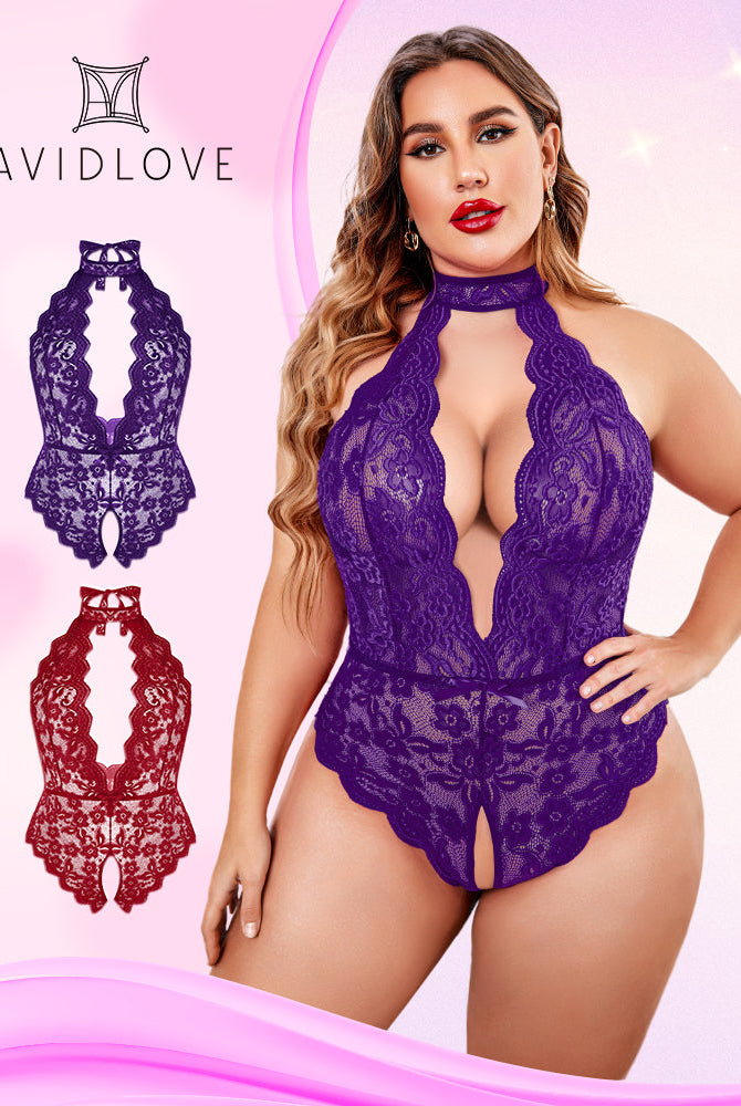 Avidlove Plus Size Lace Halter Teddy Bodysuit in Purple, Backless and Crotchless Design