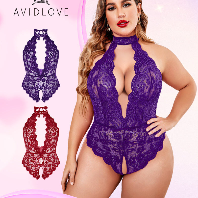 Avidlove Plus Size Lace Halter Teddy Bodysuit in Purple, Backless and Crotchless Design