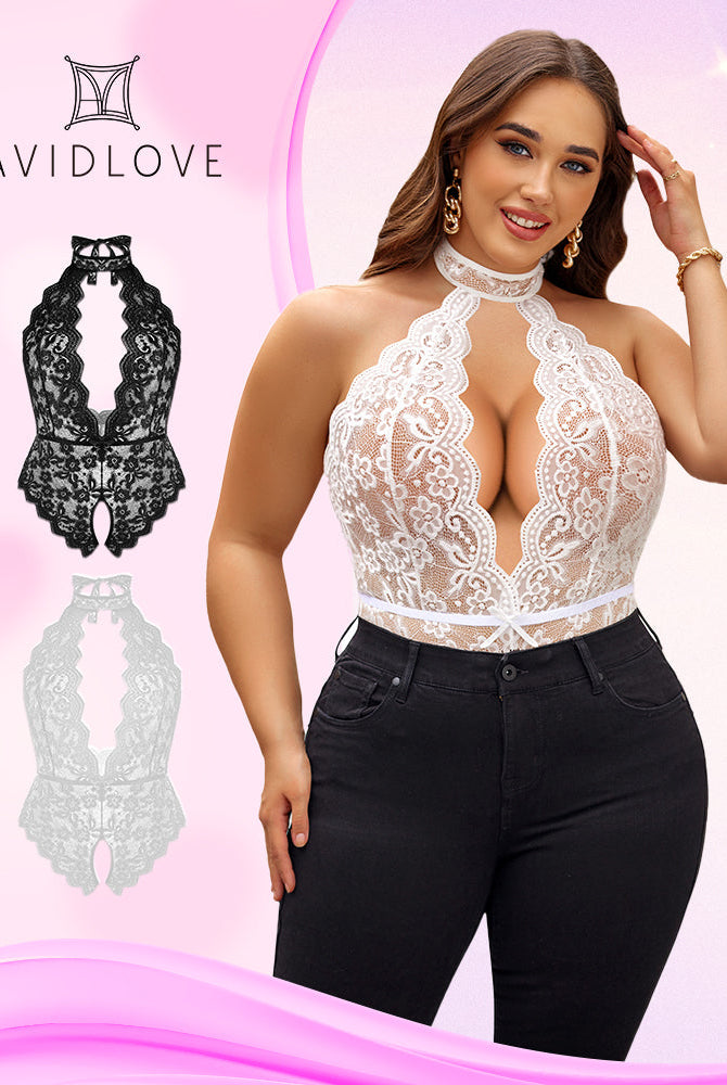 Avidlove Plus Size Lingerie: White Lace Halter Teddy with Black Jeans, Sexy and Comfortable