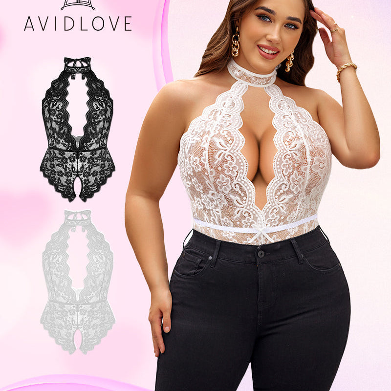 Avidlove Plus Size Lingerie: White Lace Halter Teddy with Black Jeans, Sexy and Comfortable