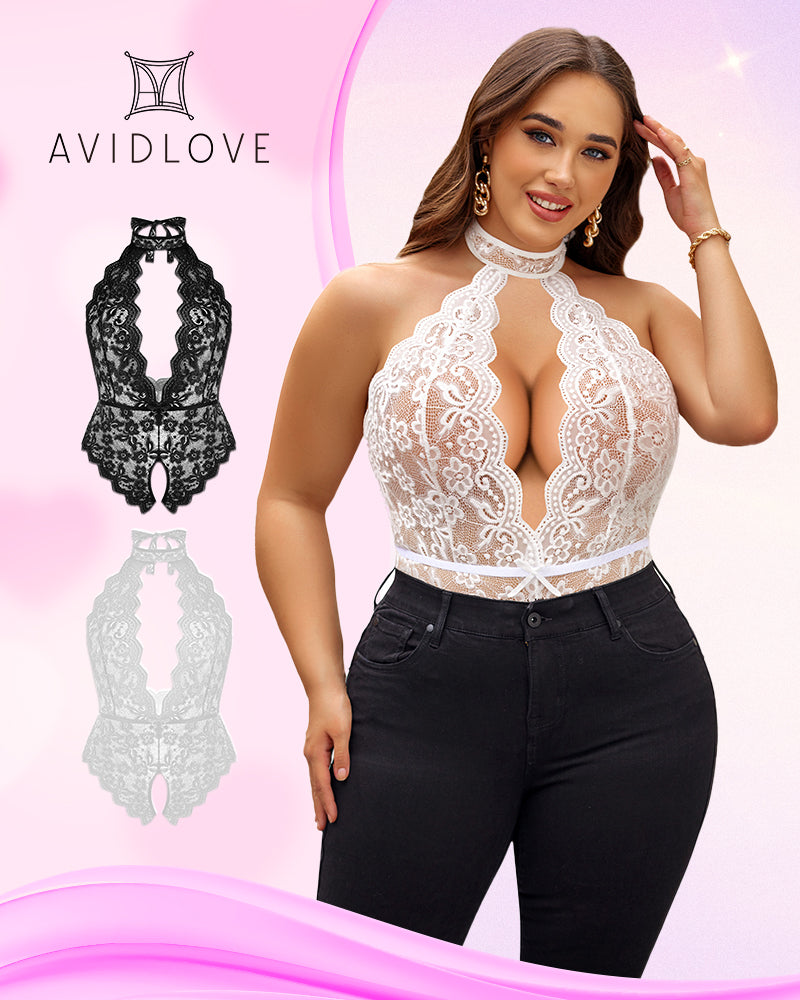 Avidlove Plus Size Lingerie: White Lace Halter Teddy with Black Jeans, Sexy and Comfortable