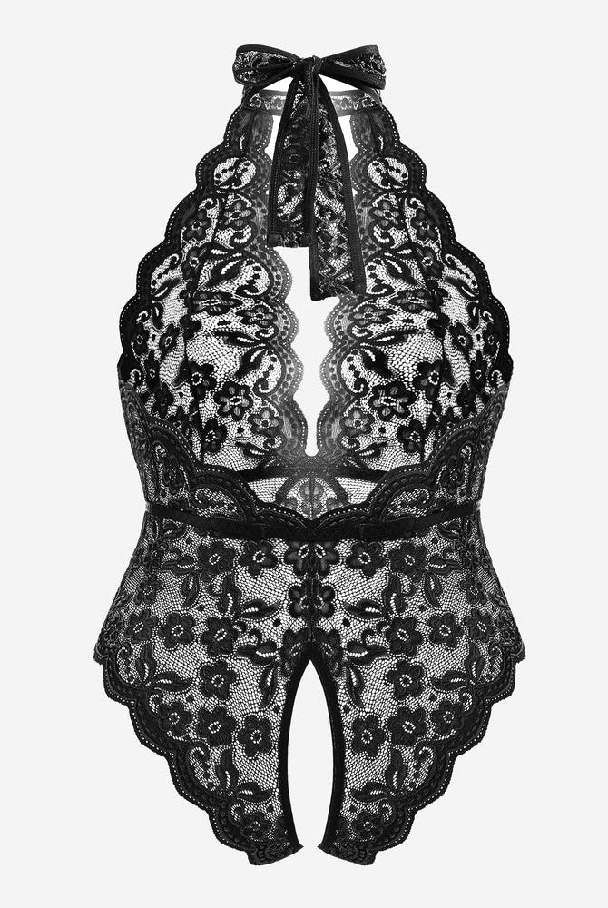 Plus size black lace bodysuit, halter neck, backless and crotchless. Sensual lingerie.