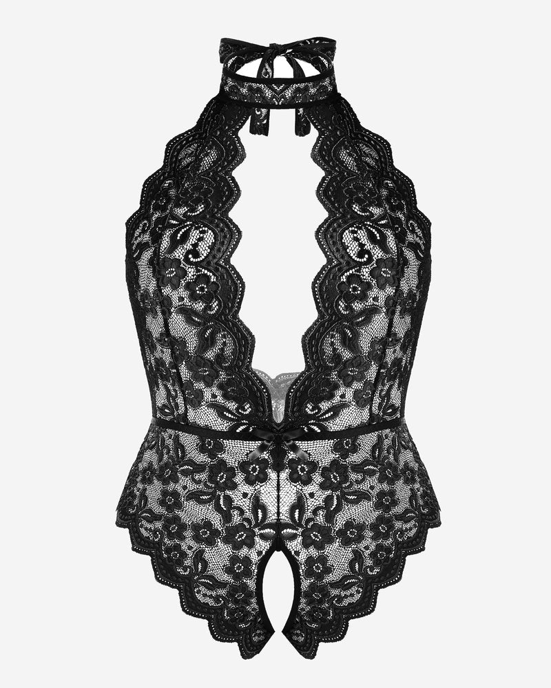 Black lace halter teddy bodysuit. Backless and crotchless design. Featuring a lace halter neck.