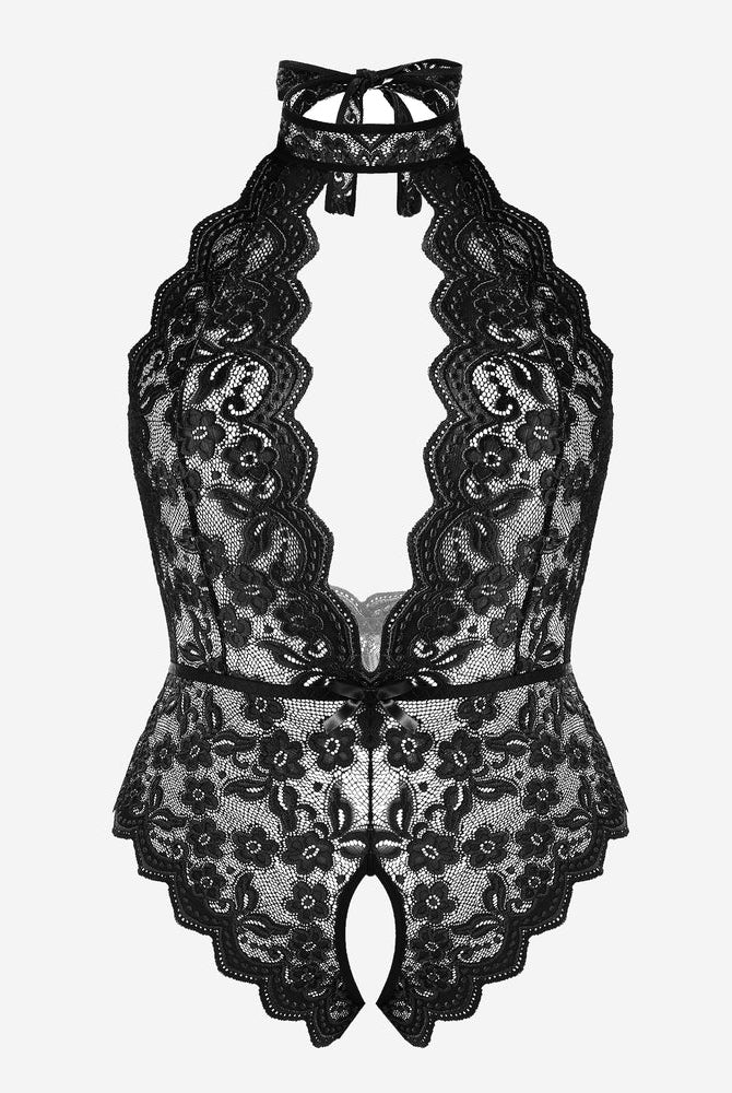 Plus Size Black Lace Halter Teddy with Backless Design and Crotchless Bottom