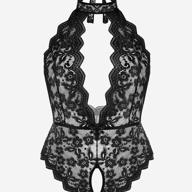 Plus Size Black Lace Halter Teddy with Backless Design and Crotchless Bottom