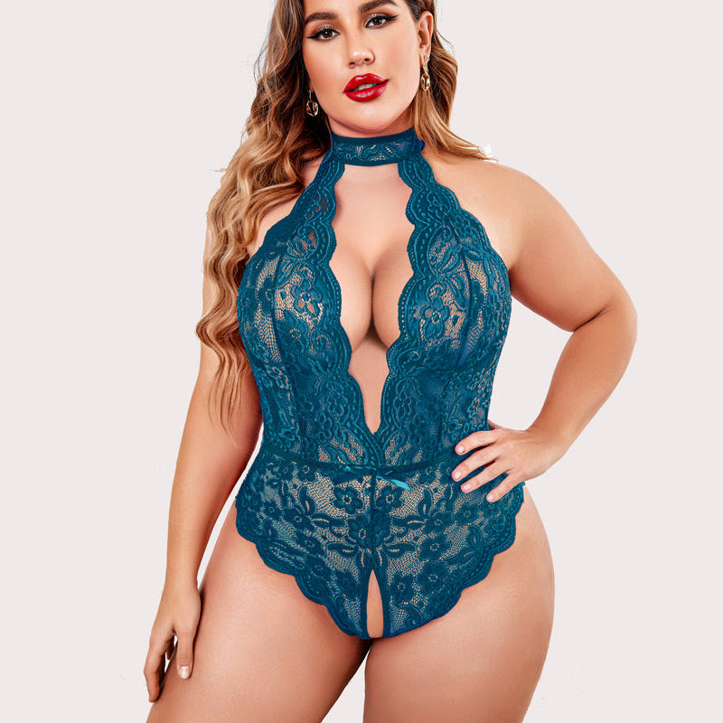 Teal lace plus size halter teddy with open back and crotchless. Comfortable, breathable lingerie.
