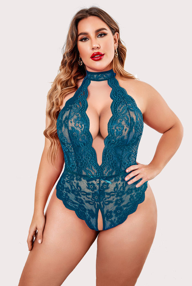 Teal lace plus size bodysuit. Halter, crotchless design. Sexy and comfortable lingerie, Avidlove.
