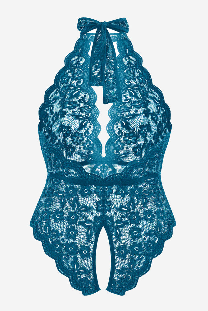 Teal lace plus size halter teddy bodysuit featuring backless & crotchless design