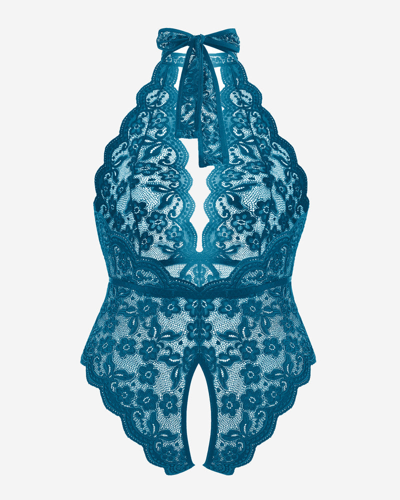 Teal lace plus size halter teddy bodysuit featuring backless & crotchless design
