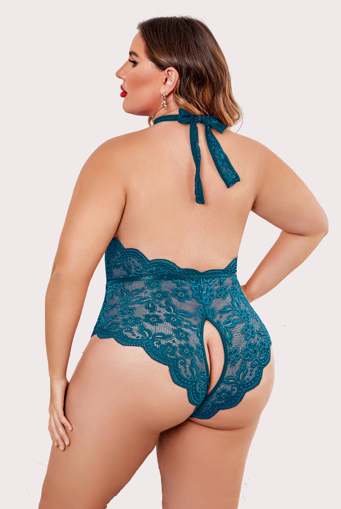 Plus size teal lace bodysuit, halter neck, backless design, open crotch, sensual lingerie