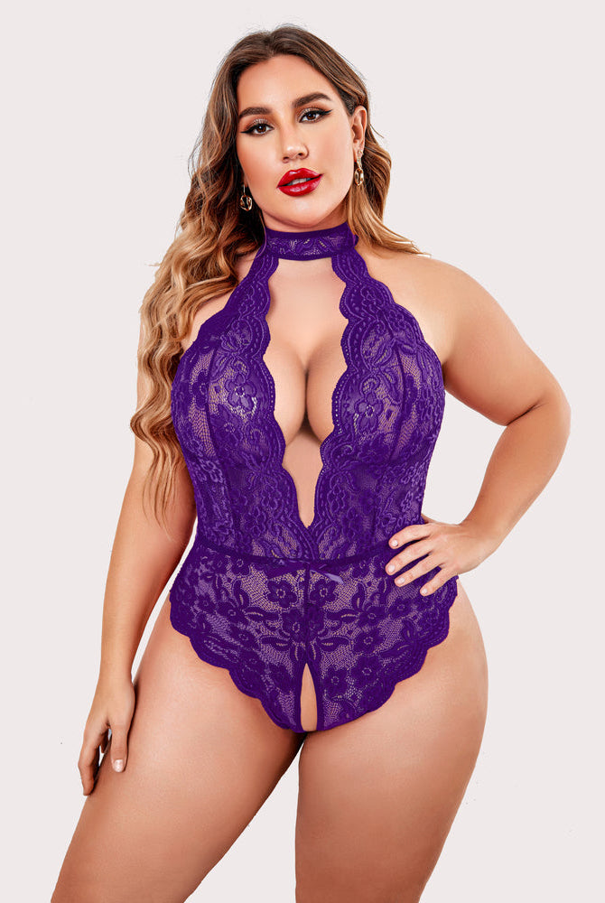 Purple plus size lace halter teddy with backless design and crotchless bottom. Sexy lingerie.