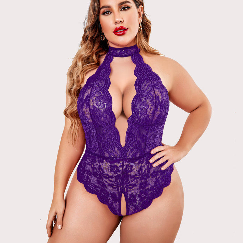 Purple plus size lace halter teddy with backless design and crotchless bottom. Sexy lingerie.