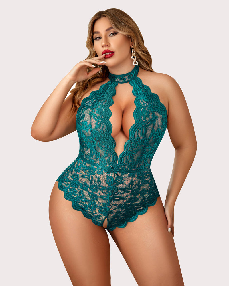 Teal lace plus size halter teddy bodysuit. Backless and crotchless lingerie. Sexy and comfortable.