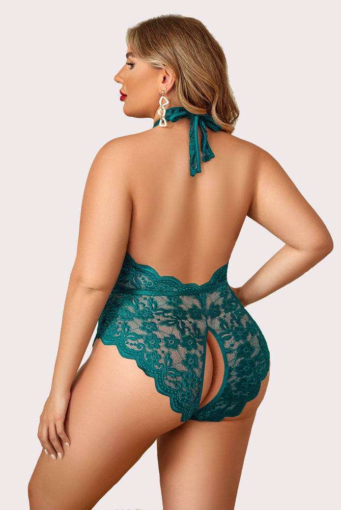 Plus size teal lace halter teddy with open back and crotchless. Comfortable and sexy lingerie.