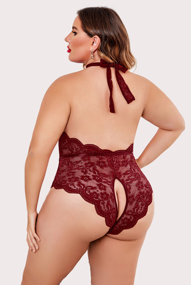 Plus Size Burgundy Lace Bodysuit with Halter Neck and Crotchless Design