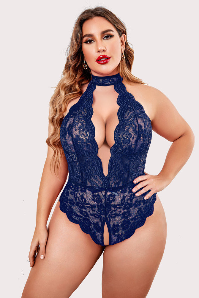 Plus Size Navy Blue Lace Bodysuit with Halter Neck and Open Crotch, Sensual Lingerie