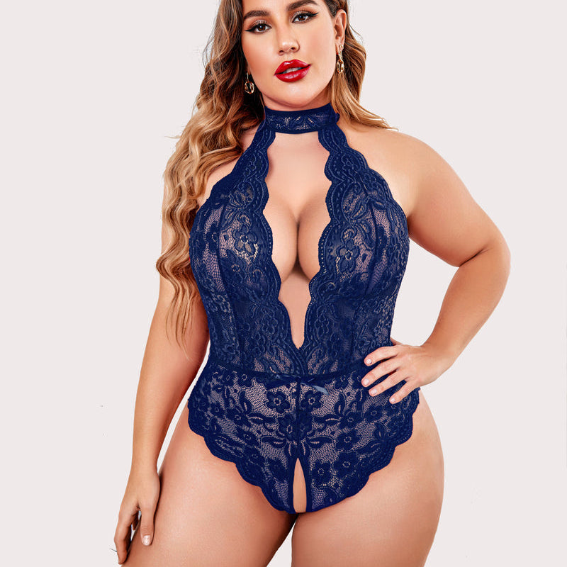 Plus Size Navy Blue Lace Bodysuit with Halter Neck and Open Crotch, Sensual Lingerie