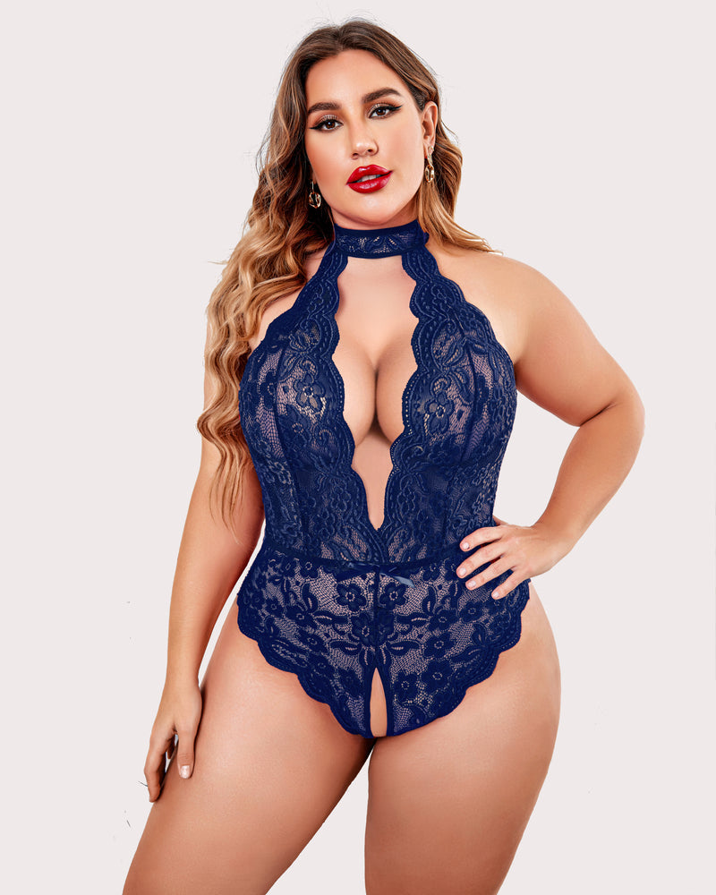 Plus Size Navy Blue Lace Bodysuit with Halter Neck and Open Crotch, Sensual Lingerie