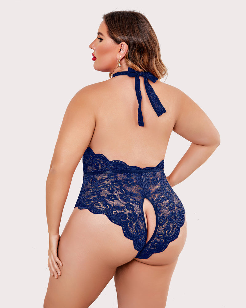 Plus size navy lace halter teddy, backless, crotchless design. Comfortable and sexy lingerie.