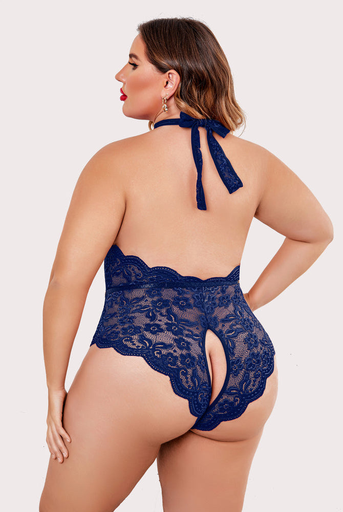 Plus Size Navy Blue Lace Bodysuit with Halter Neck and Open Crotch
