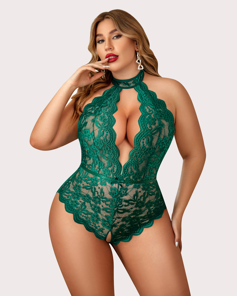 Plus size green lace halter teddy with open back and crotchless. Sexy lingerie for confident women.