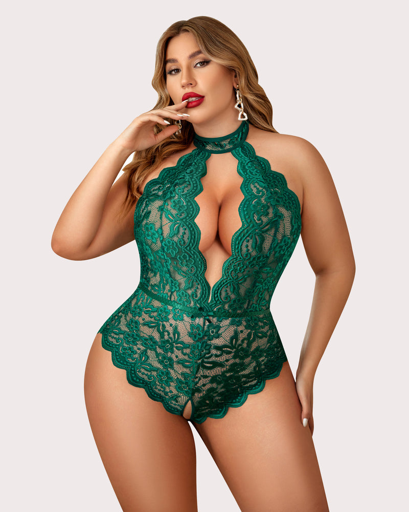 Plus Size Emerald Green Lace Bodysuit, halter neck, backless, crotchless design, lingerie