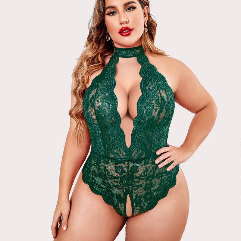 Plus Size Emerald Green Lace Bodysuit with Halter Neck and Open Crotch. Sensual lingerie.