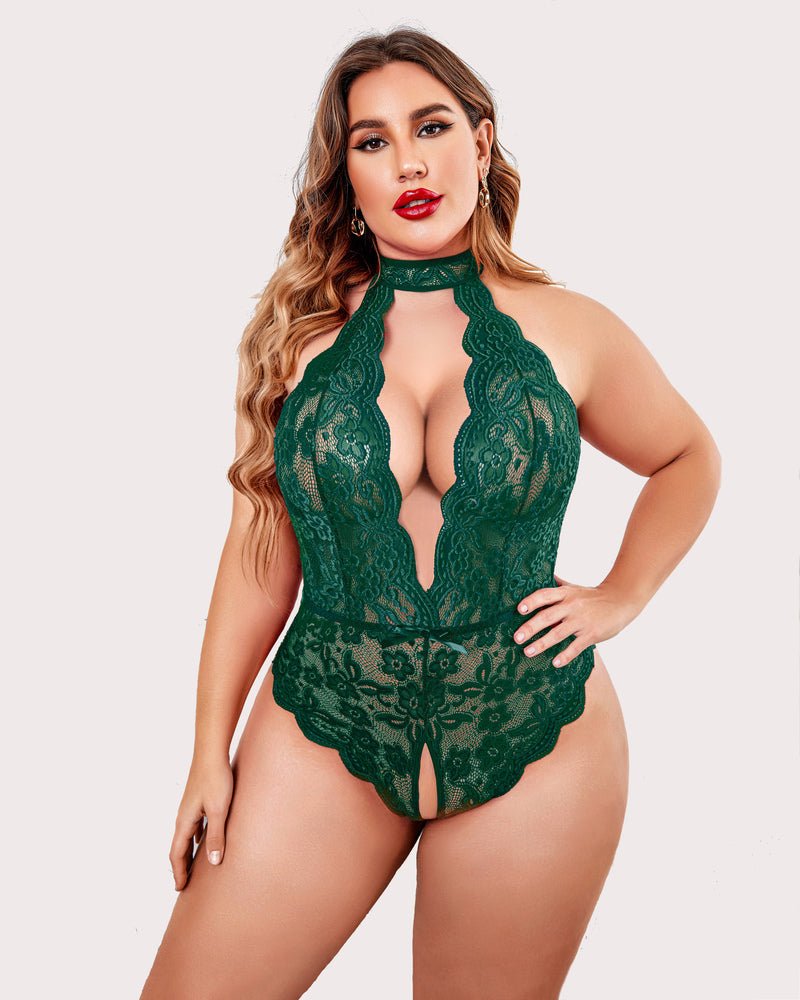 Plus Size Emerald Green Lace Bodysuit with Halter Neck and Open Crotch. Sensual lingerie.