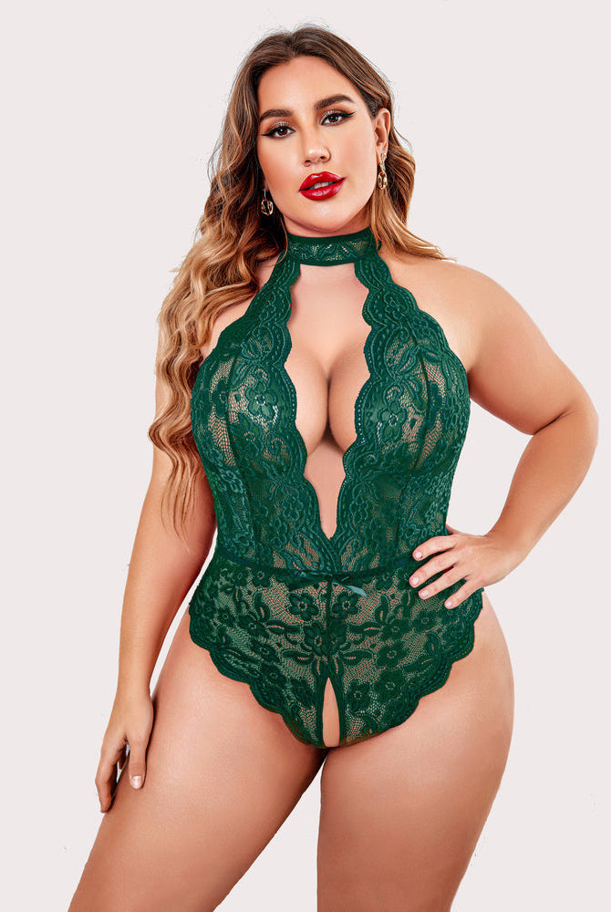 Plus size emerald green lace halter teddy, backless design, crotchless bottom. Sexy lingerie.