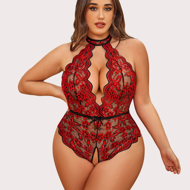Plus Size Red Lace Bodysuit, halter neck, backless design, crotchless bottom, for sensual lingerie.