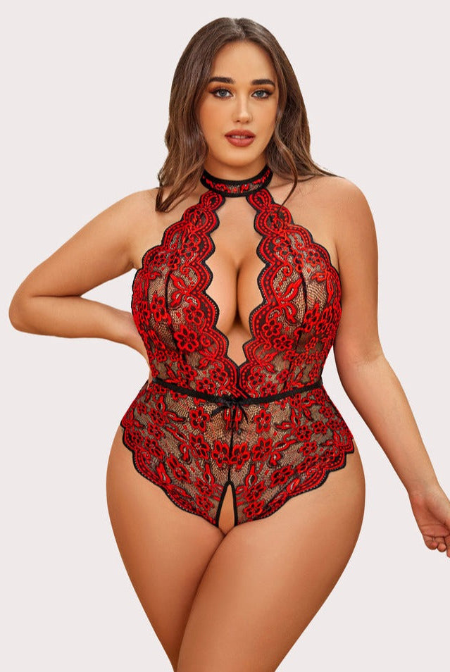 Plus Size Red Lace Bodysuit, halter neck, backless design, crotchless bottom, for sensual lingerie.