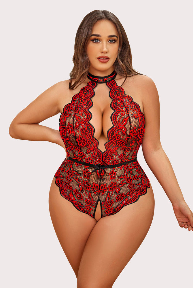 Plus Size Red Lace Bodysuit, halter neck, crotchless, backless design, sensual lingerie