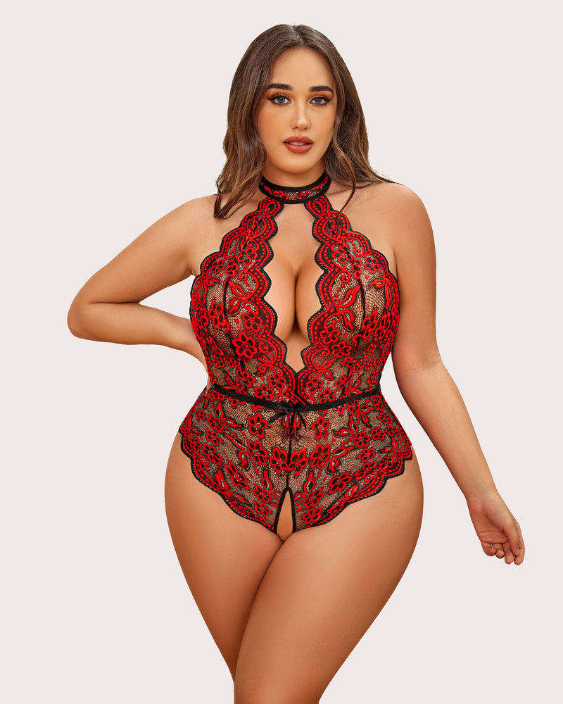 Plus Size Red Lace Bodysuit, halter neck, crotchless, backless design, sensual lingerie