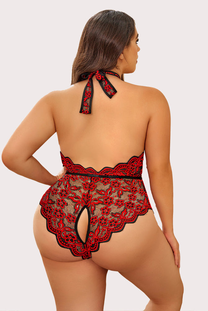 Red lace plus size bodysuit, halter neck, backless design, crotchless bottom, sensual lingerie.