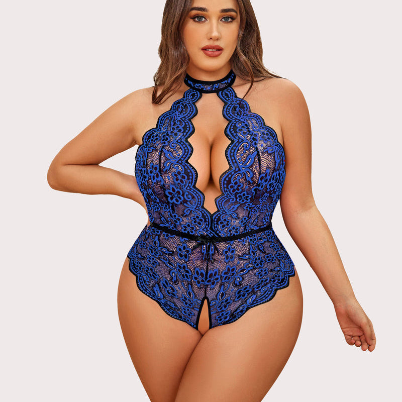 Plus Size Blue Lace Bodysuit with Halter Neck and Open Crotch