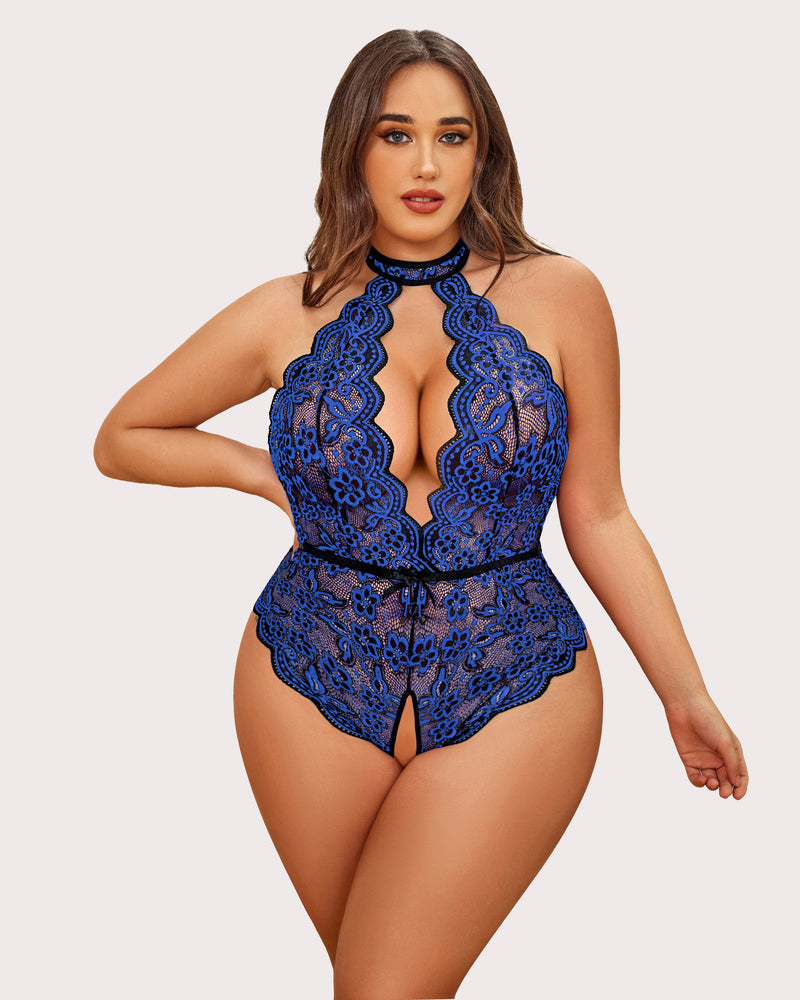 Plus Size Blue Lace Bodysuit with Halter Neck and Open Crotch