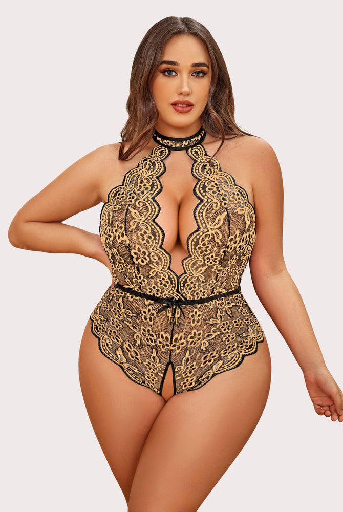 Plus Size Gold Lace Bodysuit with Halter Neck and Open Crotch, Sensual Lingerie