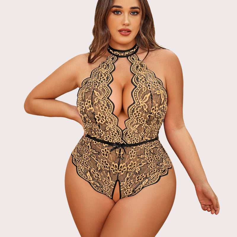 Plus Size Gold Lace Bodysuit with Halter Neck and Open Crotch, Sensual Lingerie