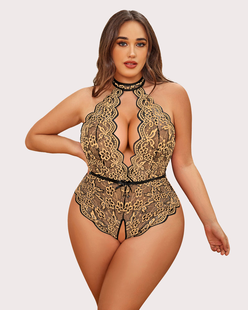 Plus Size Gold Lace Bodysuit with Halter Neck and Open Crotch, Sensual Lingerie