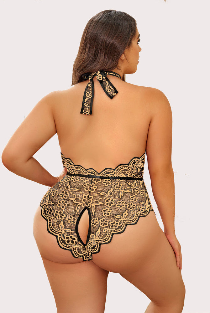 Plus Size Black and Gold Lace Bodysuit. Backless, halter neck, and crotchless design.