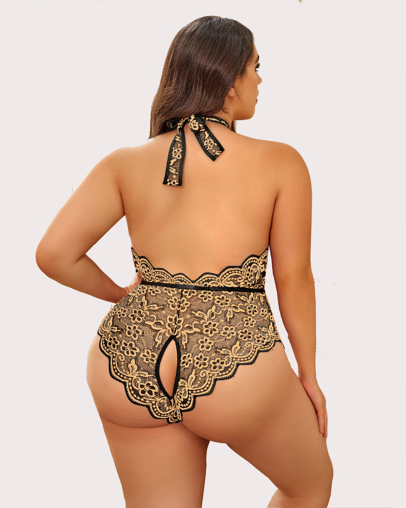 Plus Size Gold Lace Bodysuit, halter neck, backless crotchless design for sensual lingerie
