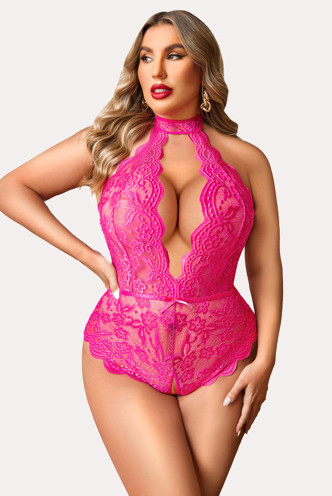 Plus Size Pink Lace Halter Teddy with Open Back and Crotchless Design. Sexy lingerie for women.