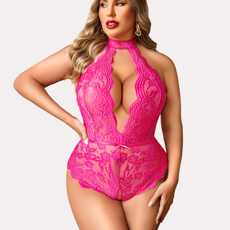 Plus Size Pink Lace Halter Teddy with Open Back and Crotchless Design. Sexy lingerie for women.