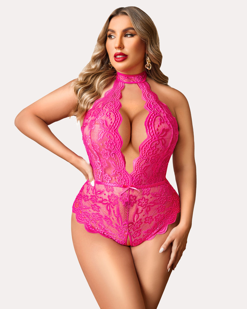 Plus Size Pink Lace Halter Teddy with Open Back and Crotchless Design. Sexy lingerie for women.