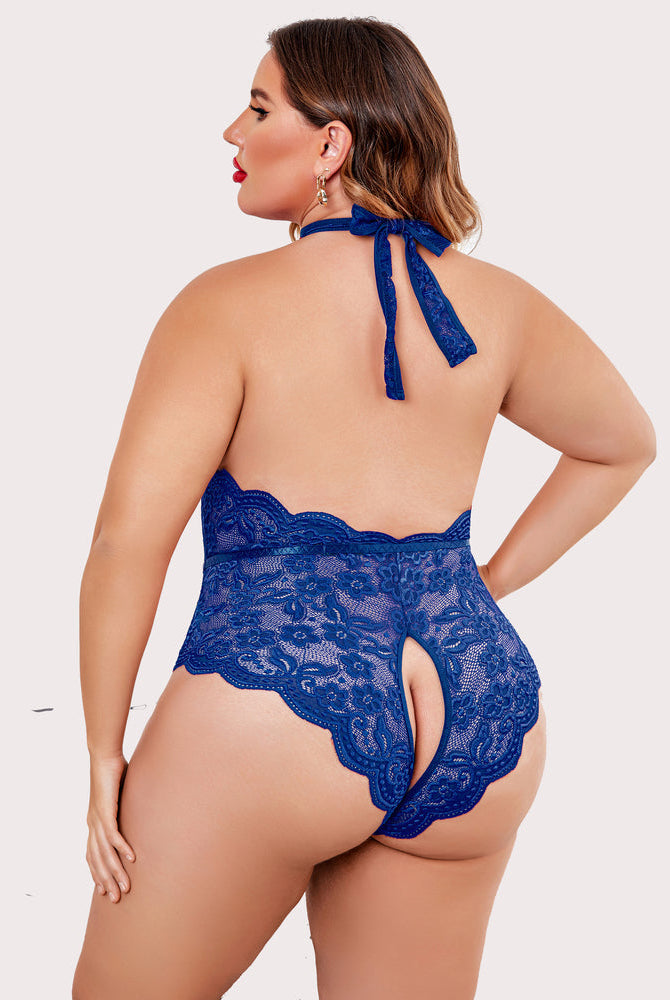 Plus size blue lace bodysuit with halter neck and open crotch. Sensual lingerie.