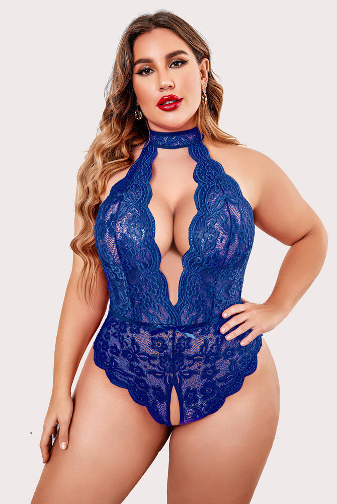 Plus size blue lace halter teddy. Open back, crotchless design. Sexy lingerie.