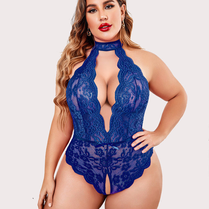Plus size blue lace bodysuit with halter neck and crotchless design. Sensual lingerie for women.
